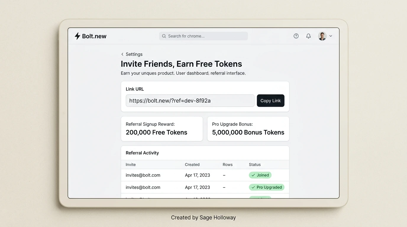 Teaching reconstruction of Bolt.new user dashboard showing referral invite link generator and token reward balance tracker