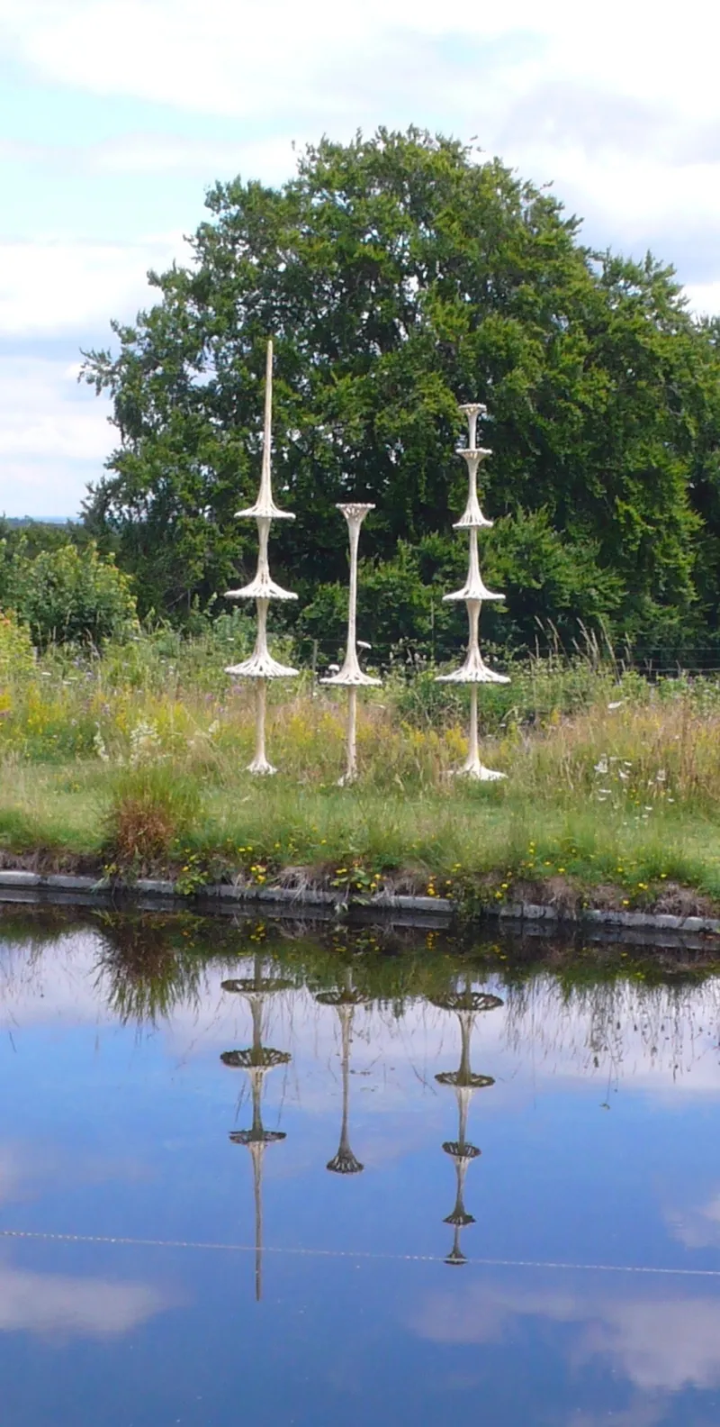 3 lichenscope sculptures in front of lake