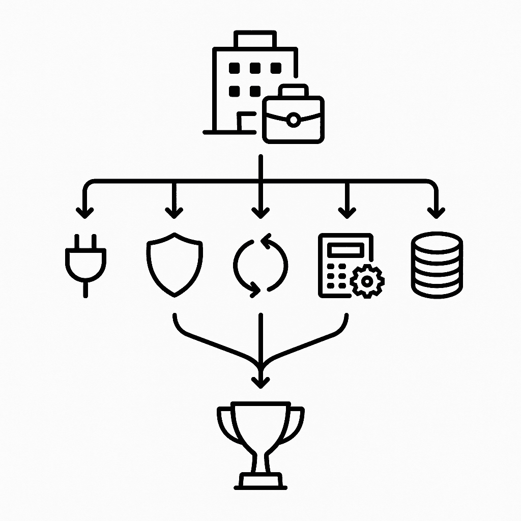 Decision-tree illustration showing integration, governance, real-time feeds, ROI, and cost evaluation nodes