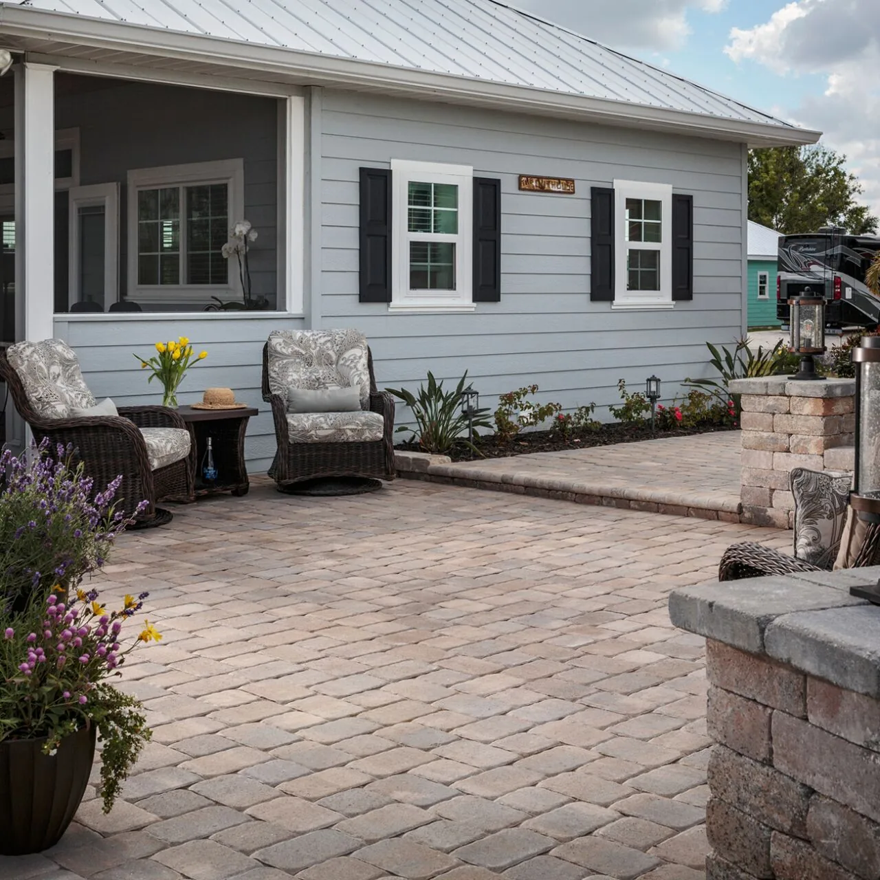 A place to sit outside Warm paver patio beside a white house with wicker chairs and planted borders.