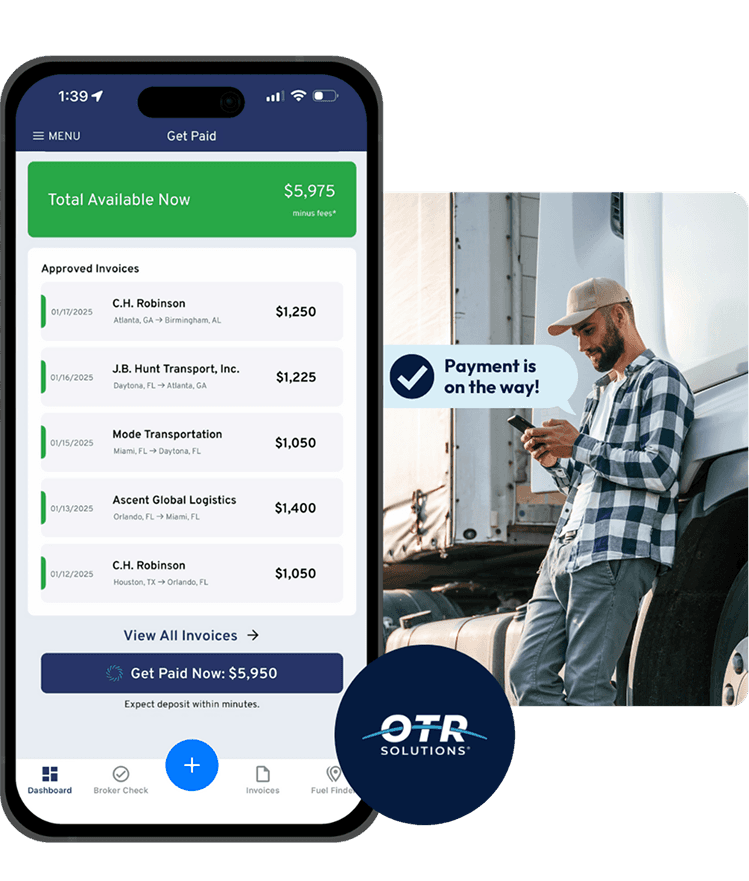 TruckSmarter freight factoring screens showing account balance, how to factor a load, payments, uploading docs, and the debit card