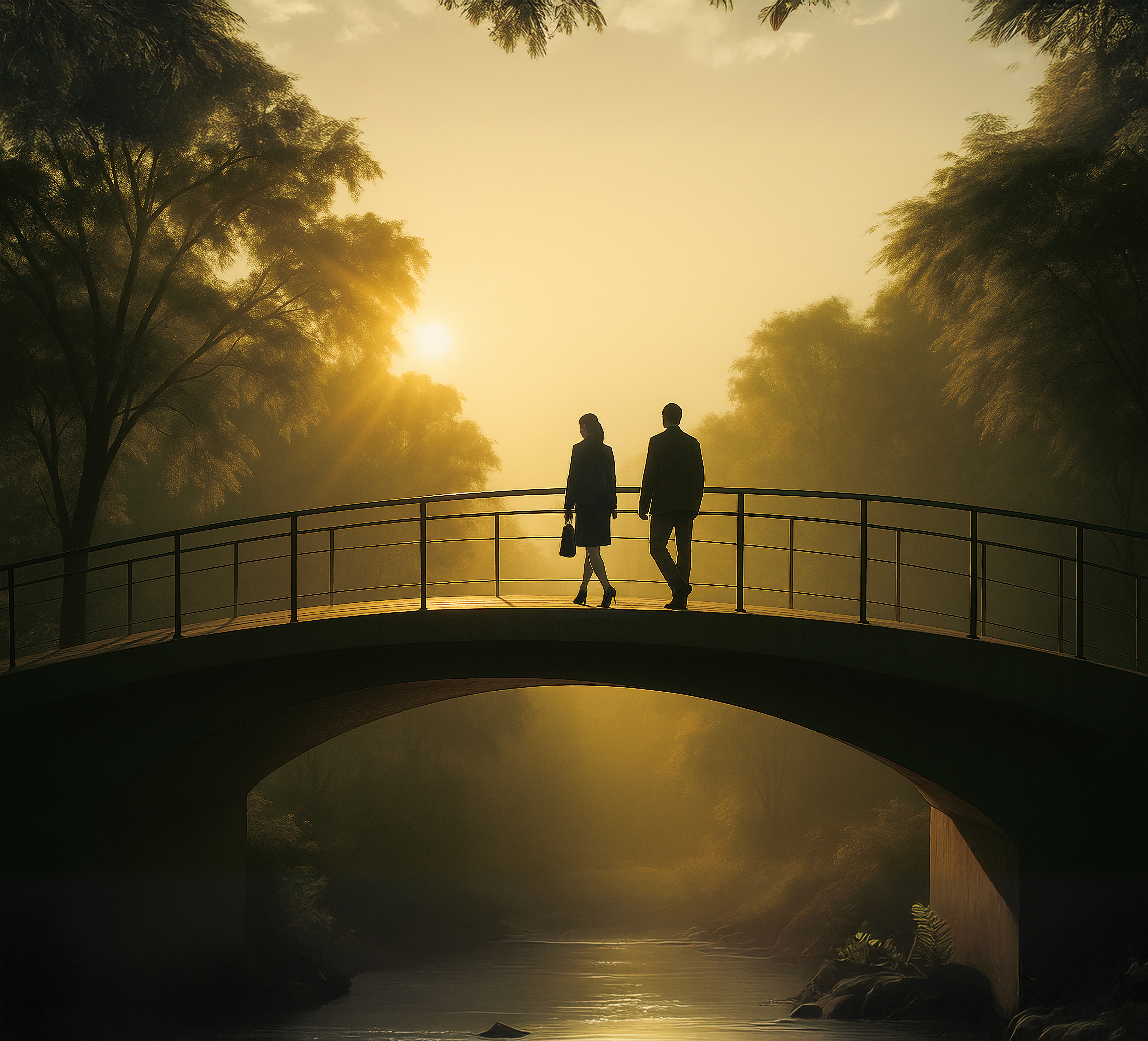 two people crossing a bridge