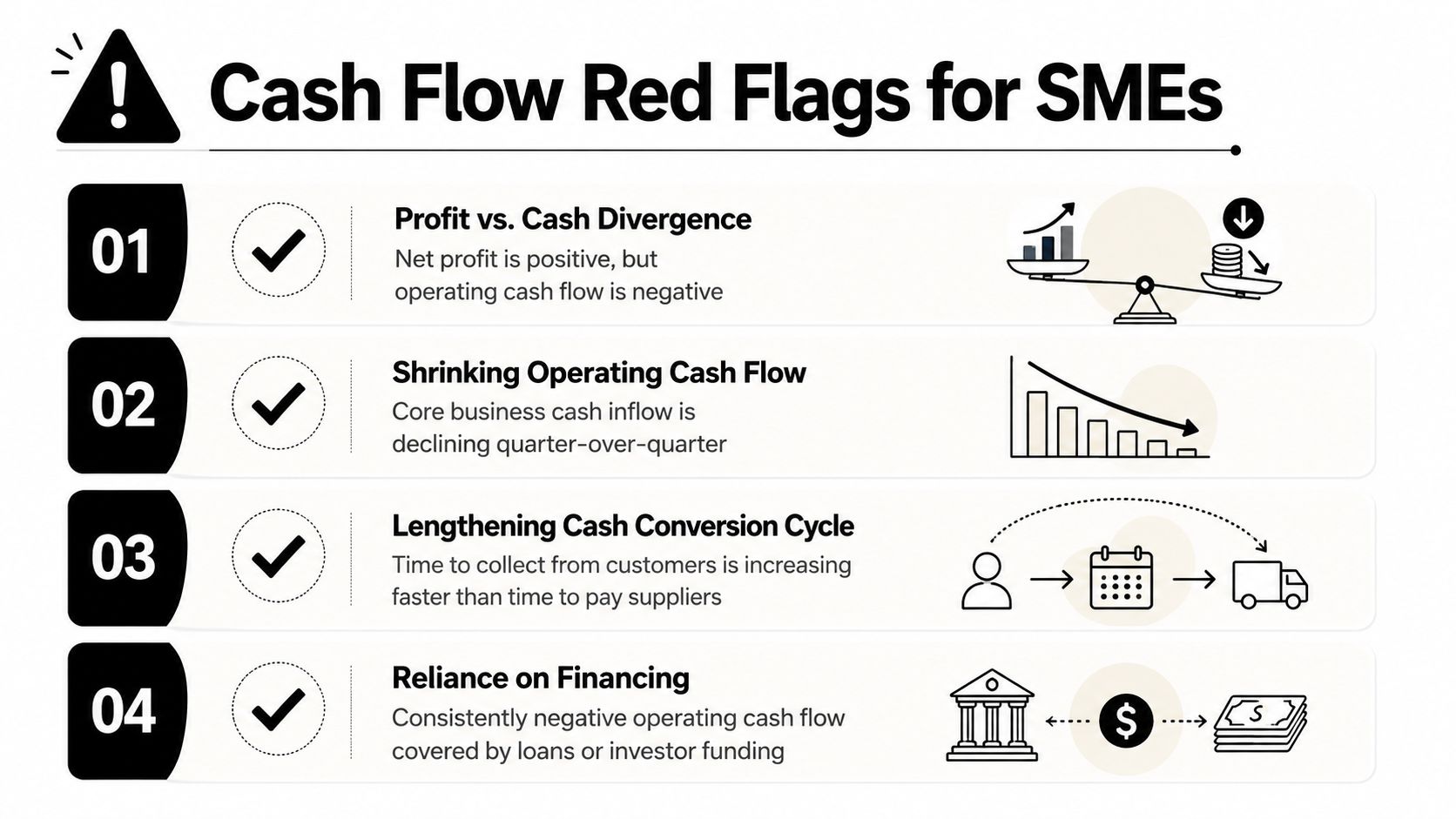 An infographic outlining four critical cash flow red flags for small to medium-sized enterprises.