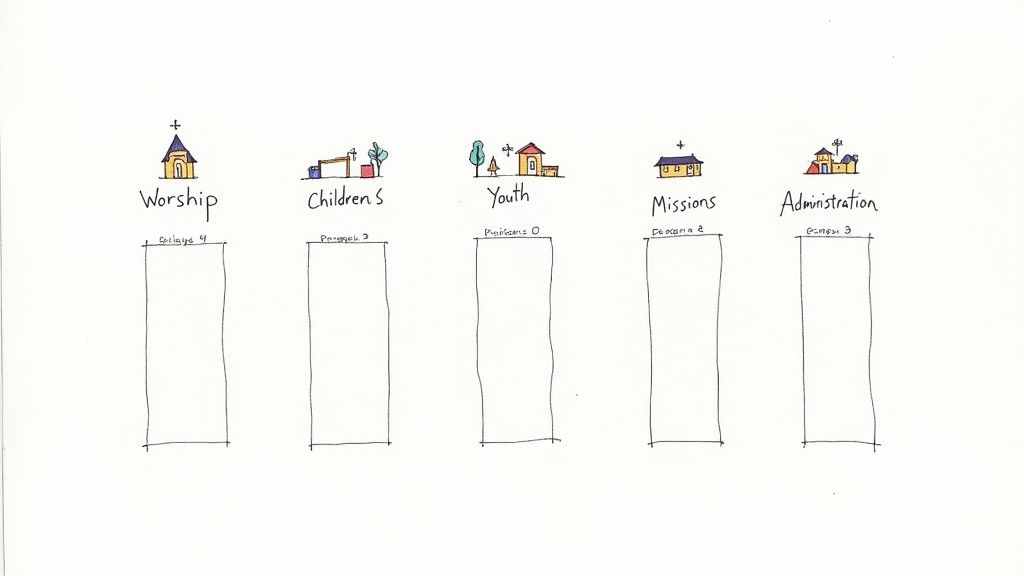 Hand-drawn church budget categories: Worship, Children's, Youth, Missions, and Administration with placeholder boxes.