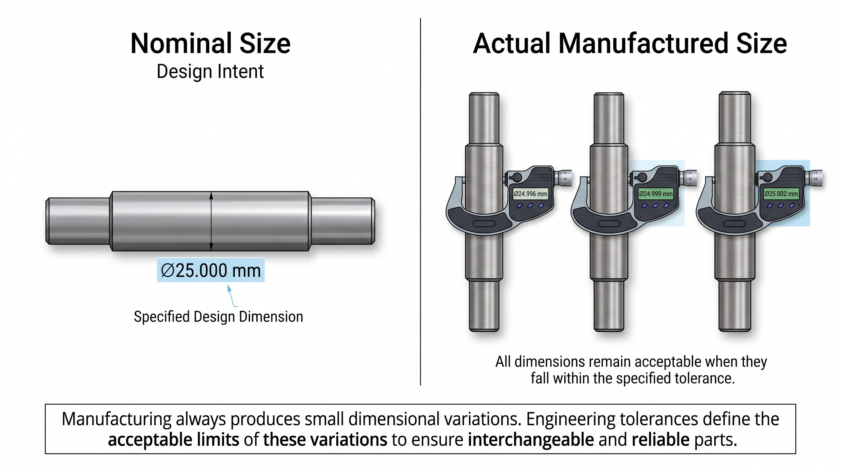 Comparison infographic showing a nominal shaft dimension of Ø25.000 mm alongside three manufactured shafts measured at Ø24.996 mm, Ø24.999 mm, and Ø25.002 mm, illustrating acceptable dimensional variation within engineering tolerances.