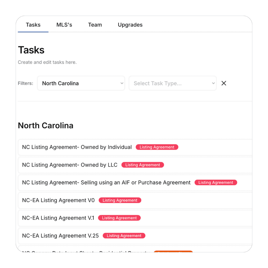 Automated task list showing MLS listing agreements and disclosure forms managed by BrokerRamp.