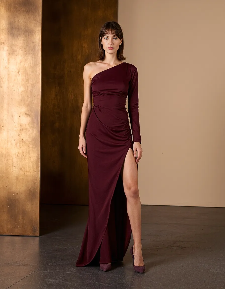 Elegant burgundy one-shoulder evening gown with thigh-high slit against warm gold background, showcasing fall fashion elegance