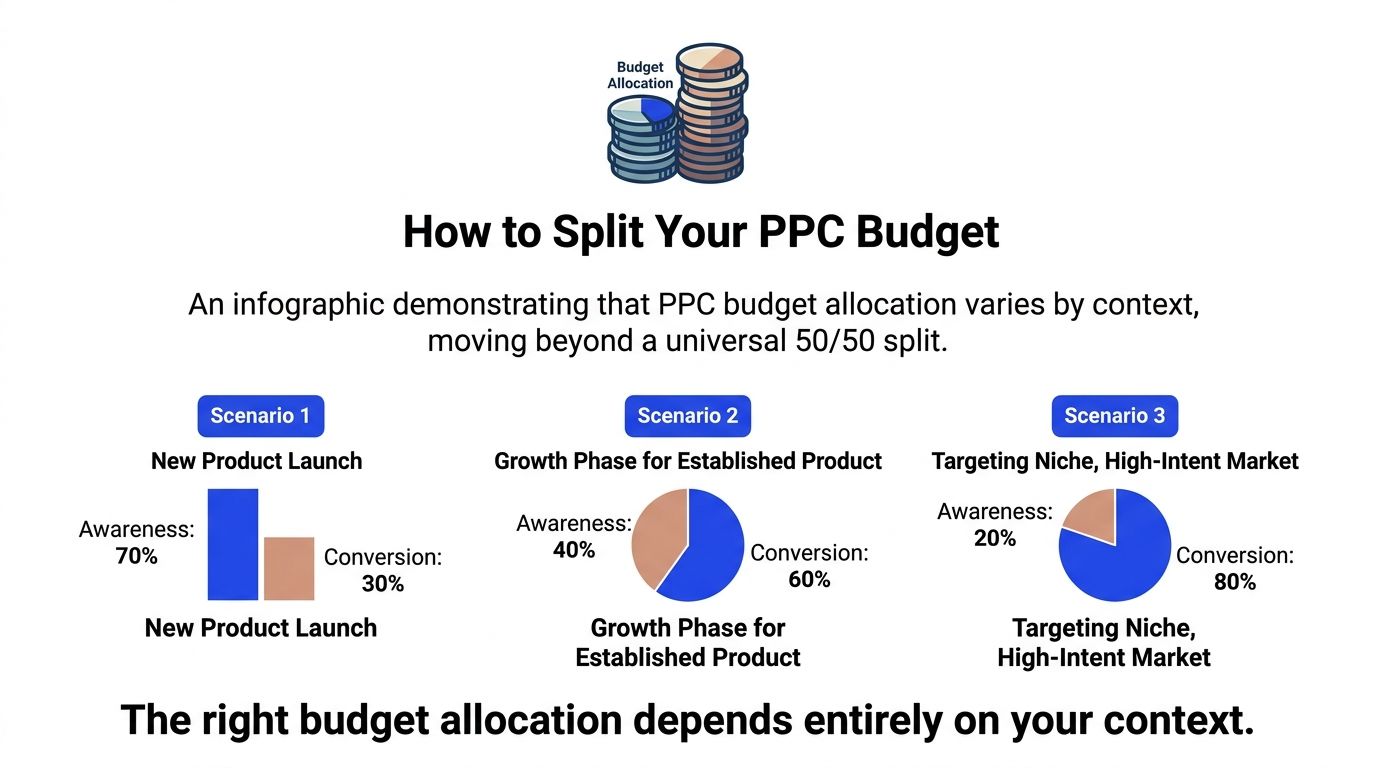 An infographic showing three distinct strategies for allocating PPC advertising budgets based on business context.