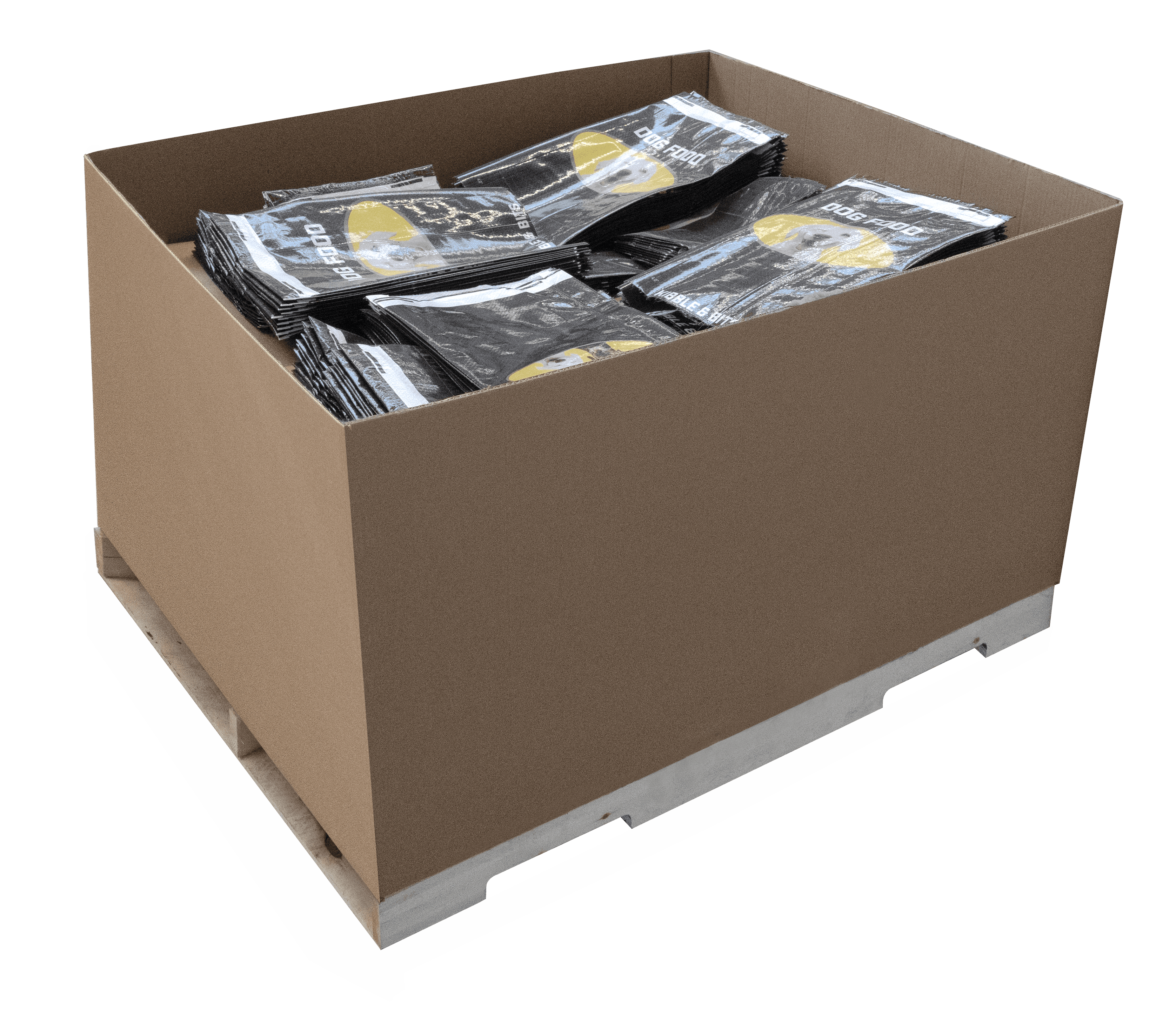 Karton mit schwarzen Produkten, auf Palette. Versandfertig.