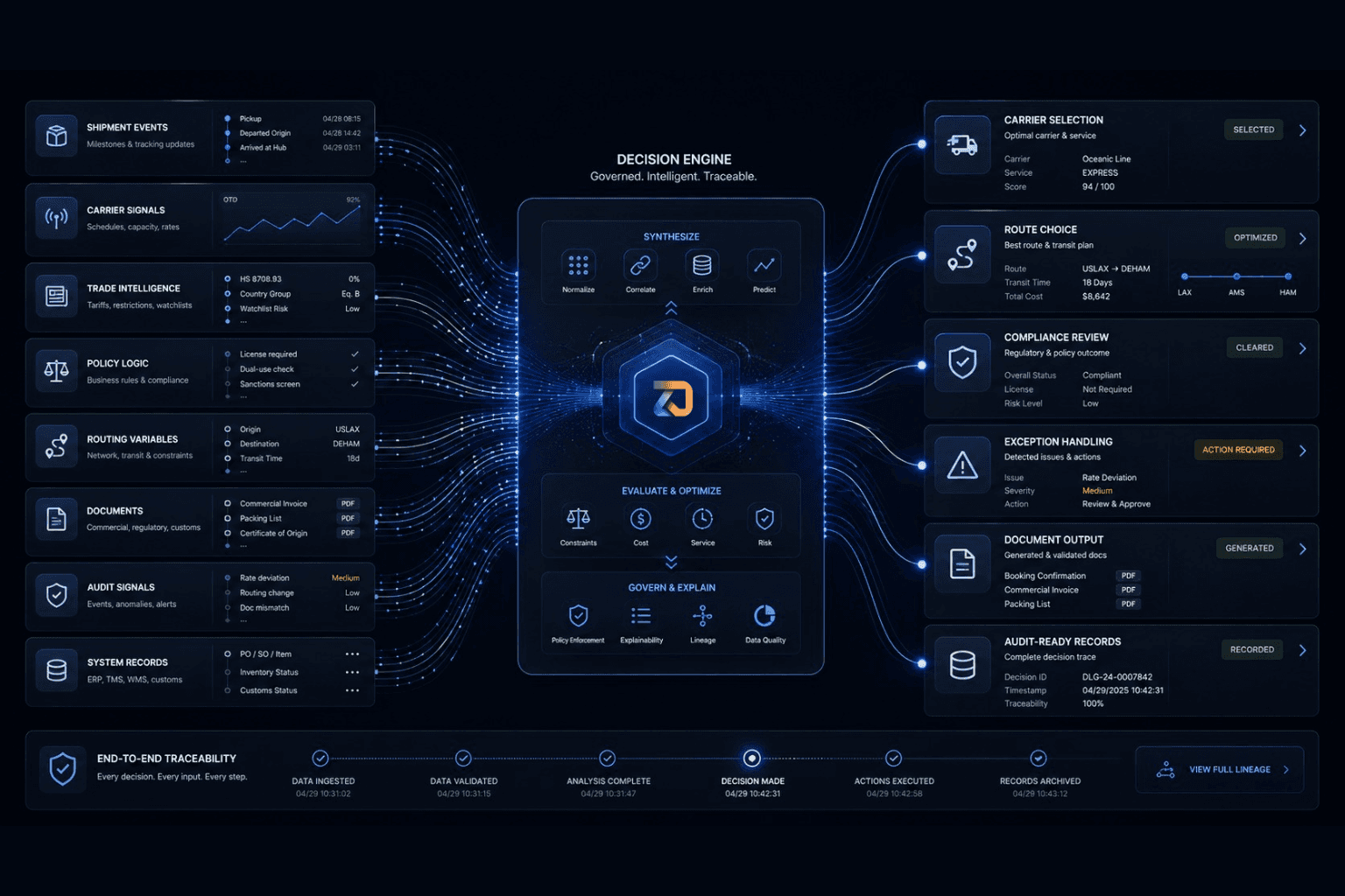 Fragmented shipment events, carrier signals, trade intelligence, policy logic, routing variables, documents, audit signals, and system records flowing into a DistroLogic decision engine that produces carrier selection, route choice, compliance review, exception handling, document output, and audit-ready records.