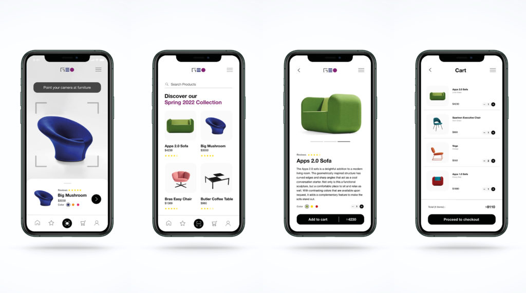 four screens that showcase a furniture e-commerce