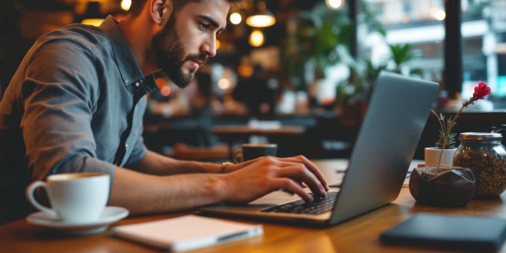 ZZP'er werkt aan laptop in gezellige café.