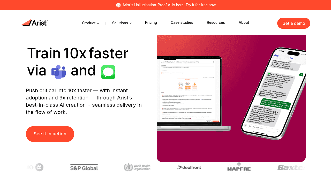 Arist AI-powered microlearning platform homepage featuring seamless workflow integration and rapid deployment solutions