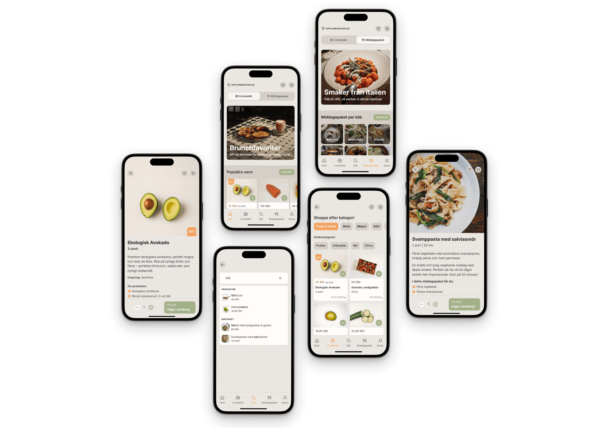 Six mobile screens displaying different views from the Crave Club grocery app, including product pages, meal kits, search results, and category browsing