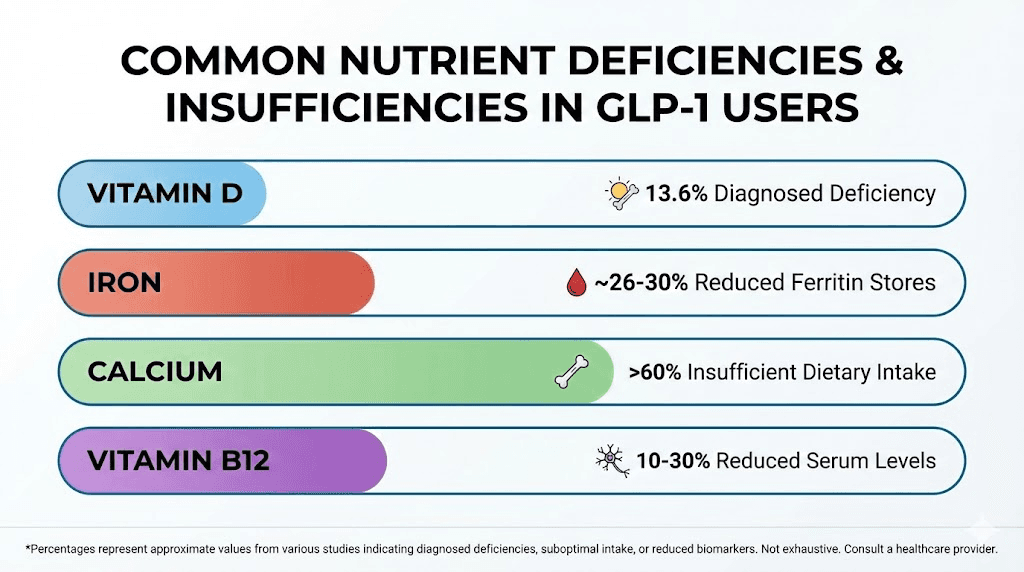 GLP-1 medication nutrient deficiency rates showing vitamin D iron calcium and B12 gaps