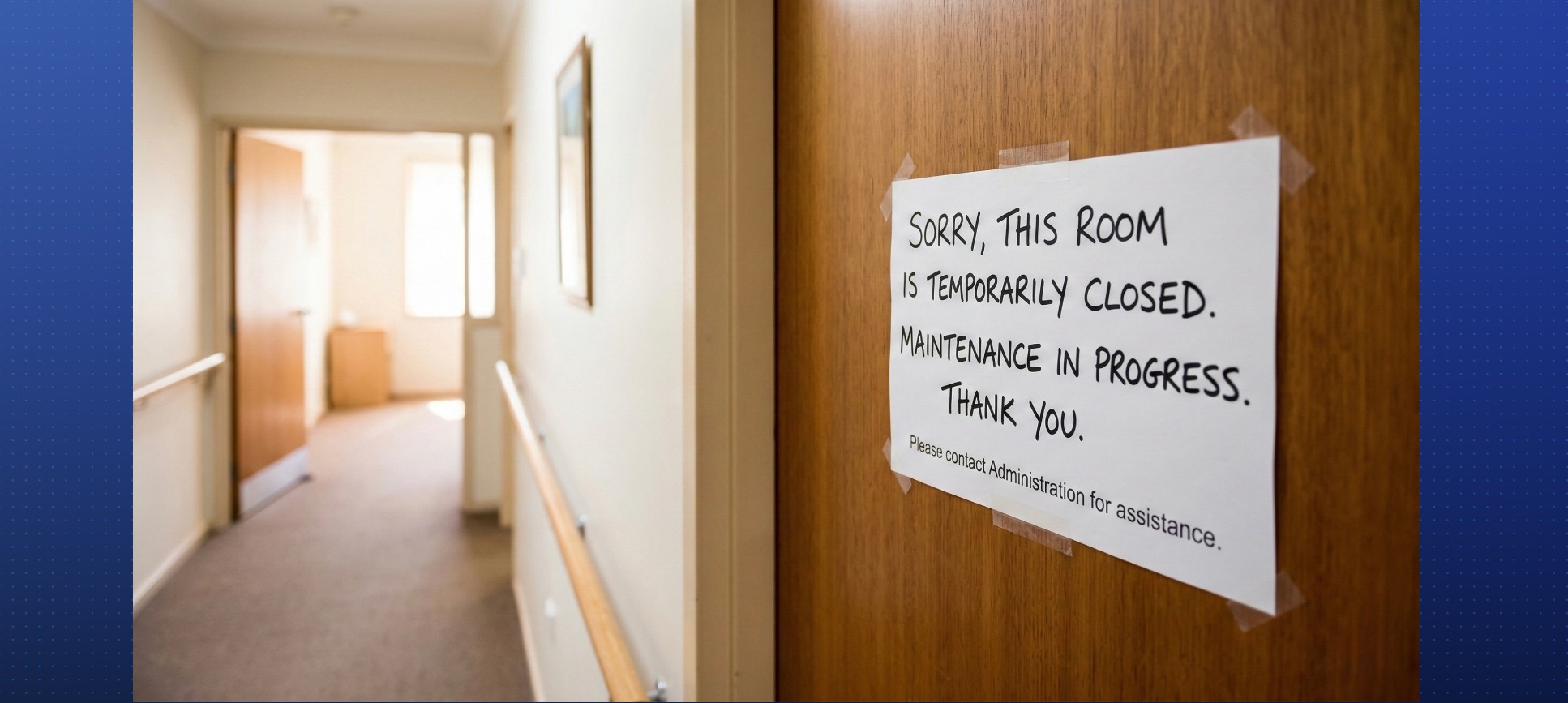 Handwritten sign taped to a wooden door in an aged care hallway reading "Sorry, this room is temporarily closed. Maintenance in progress," illustrating the impact of facility management.
