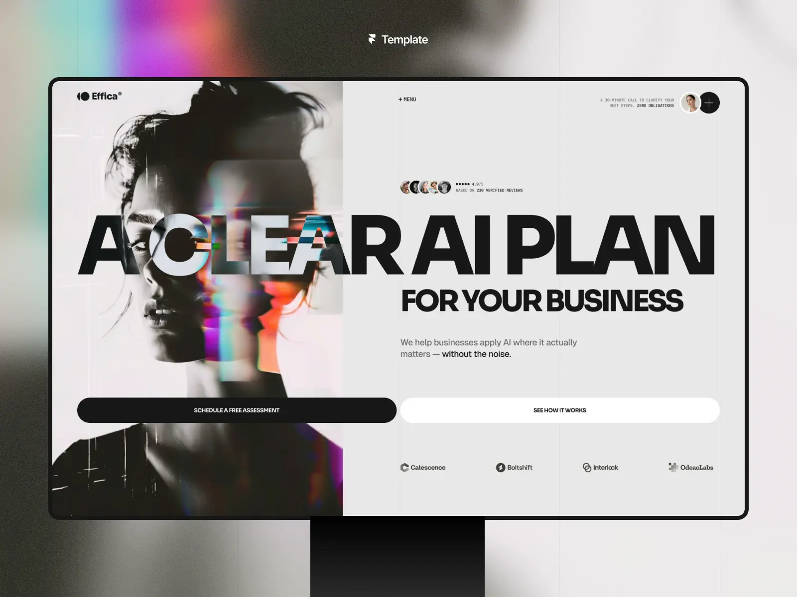 Effica AI agency Framer template with a bold editorial layout, monochrome portrait and conversion-focused business messaging.