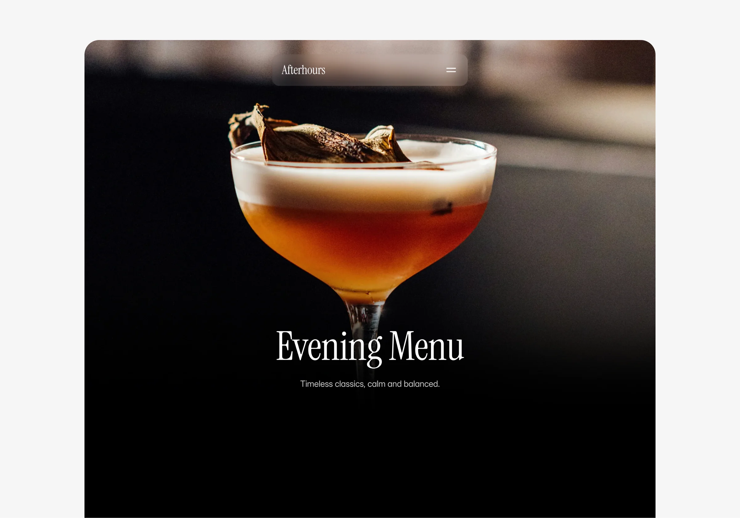 Evening menu section of a bar and restaurant website template with cocktail photography and minimal layout