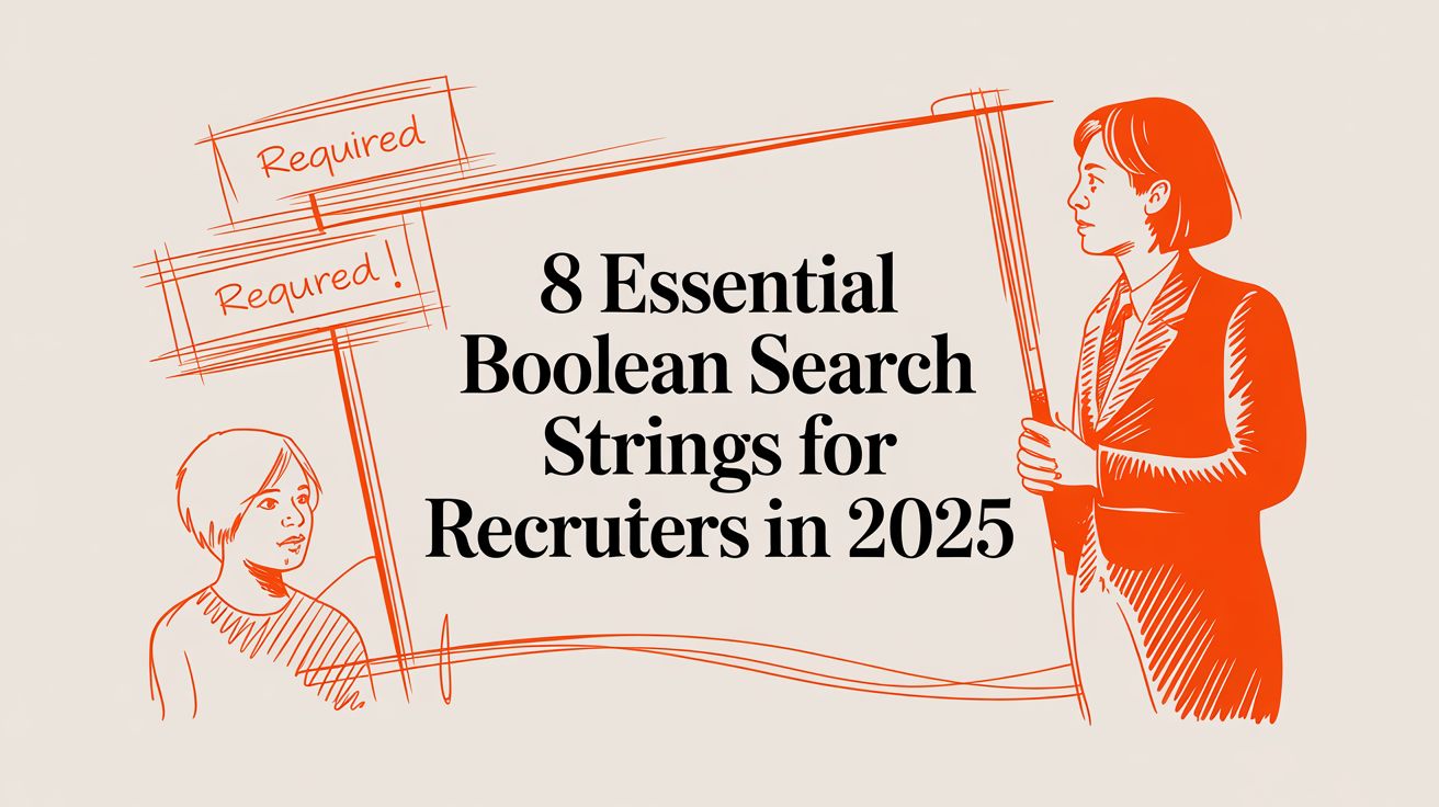 An illustration of a recruiter with text — 8 essential boolean search strings for recruiters in 2025