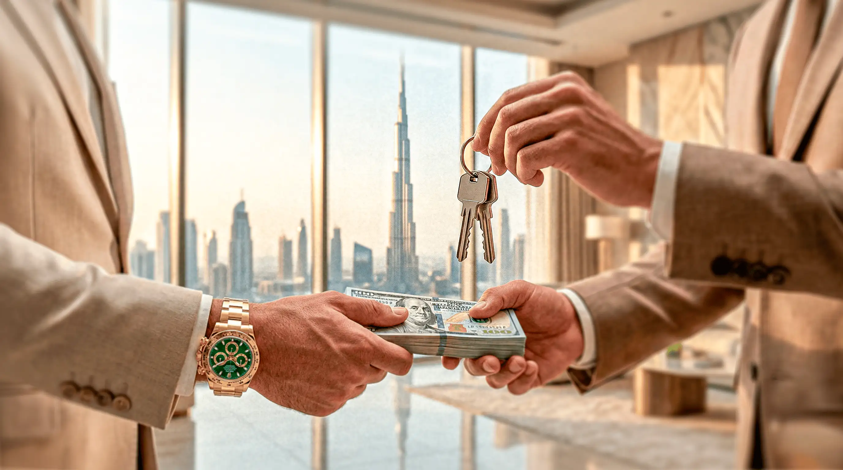 Intercambio de dinero y llaves frente al skyline de Dubái, simbolizando la compra de una propiedad inmobiliaria.