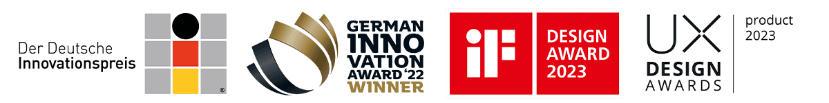Awards: German Design Award, German Innovation Award, iF Design Award, UX Design Award, Deutscher Innovationspreis.