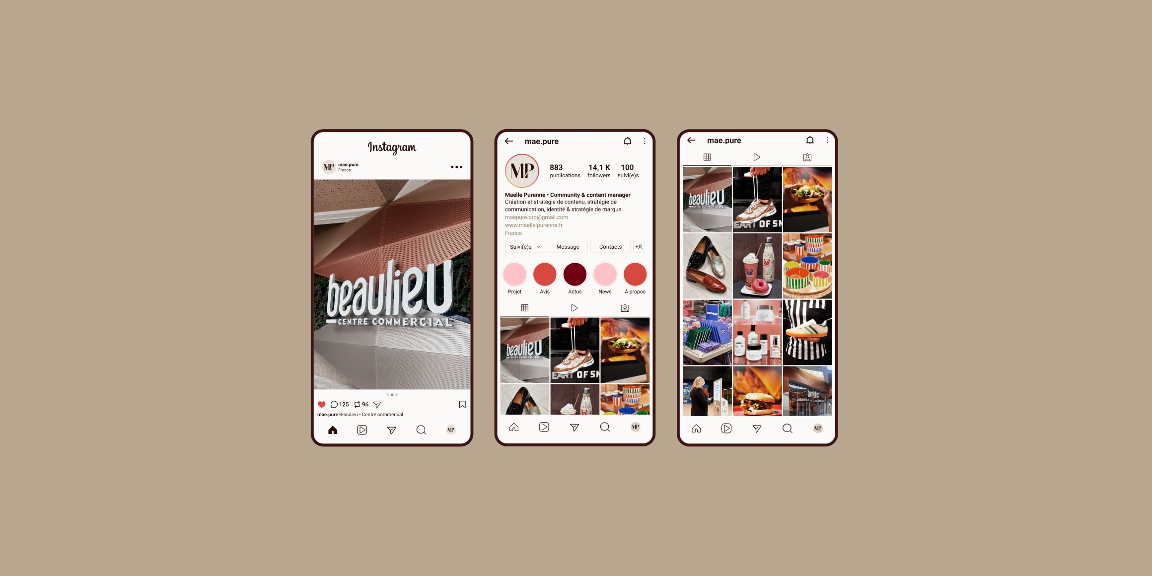 Exemple de feed instagram avec les photos réalisées pour le projet. 1er écran : publication avec une photo de la marque du centre commercial Beaulieu à Nantes. 2è et 3è écran : aperçu du grid/galerie instagram.