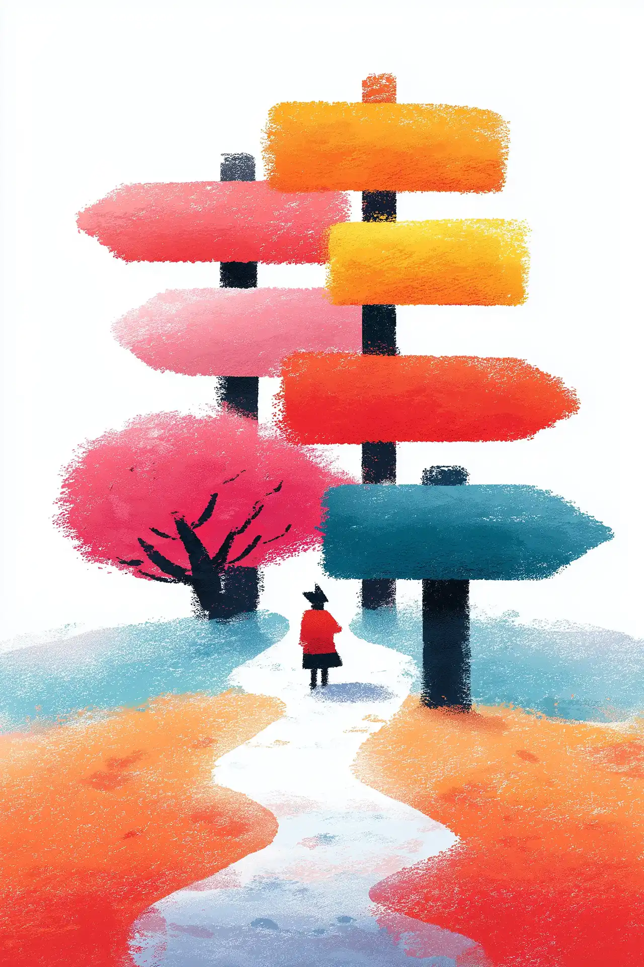 Textured editorial illustration of a small figure in red standing at a crossroads beneath towering blank directional signs in orange, yellow, pink, and teal, conveying disorientation and unclear positioning.