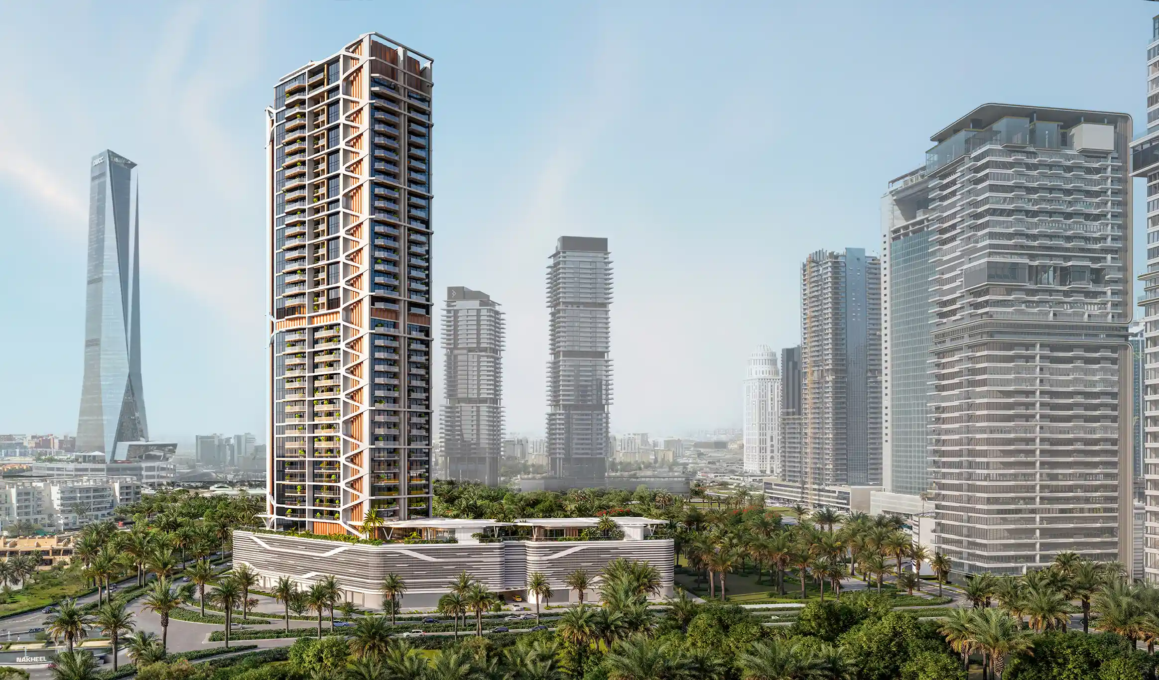 Construction of Eltiera Views, the tallest building in Dubai, is underway against a clear blue sky.