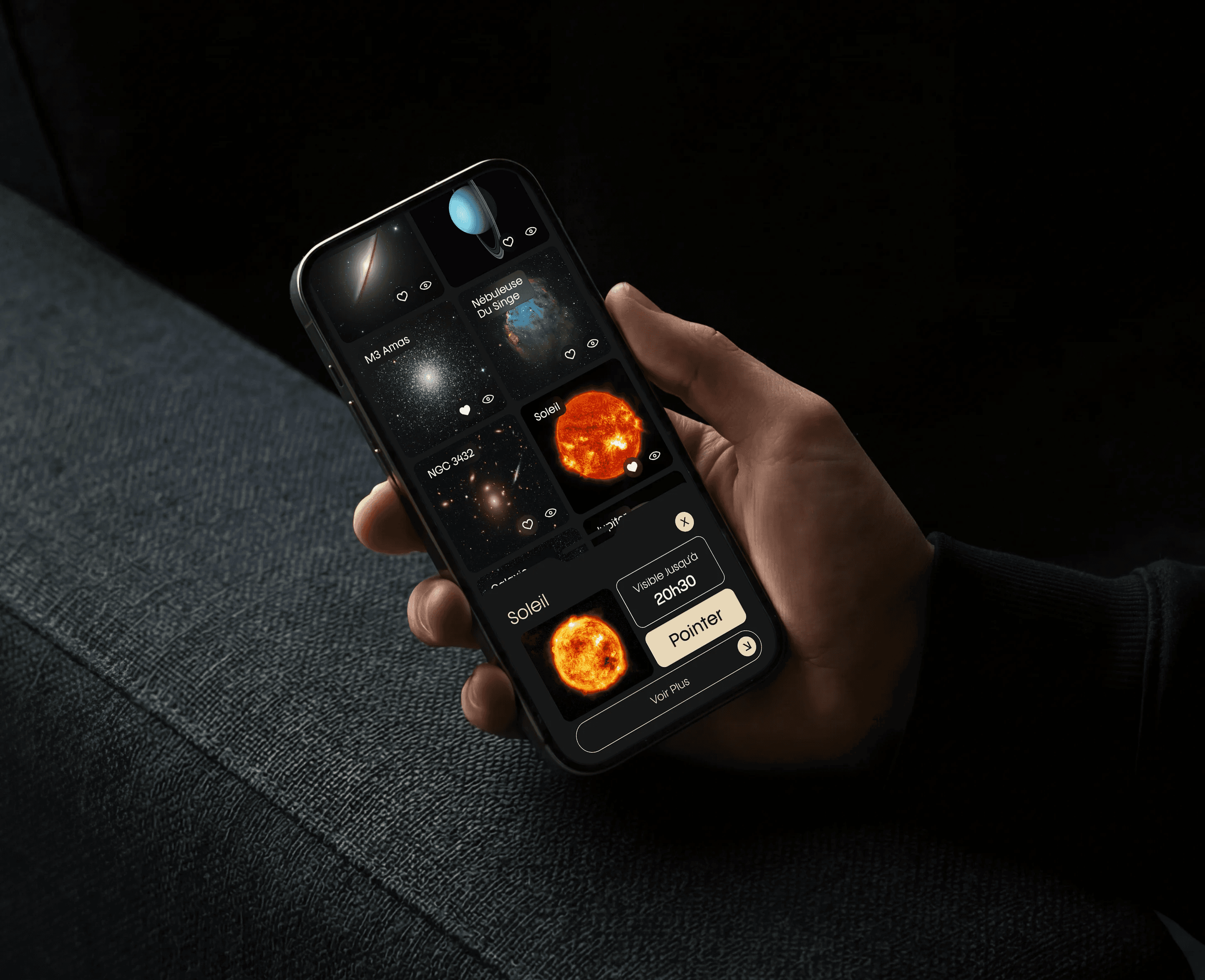 Mockup de l'application mobile Polaris montrant l'inferface de pointage d'un astre.