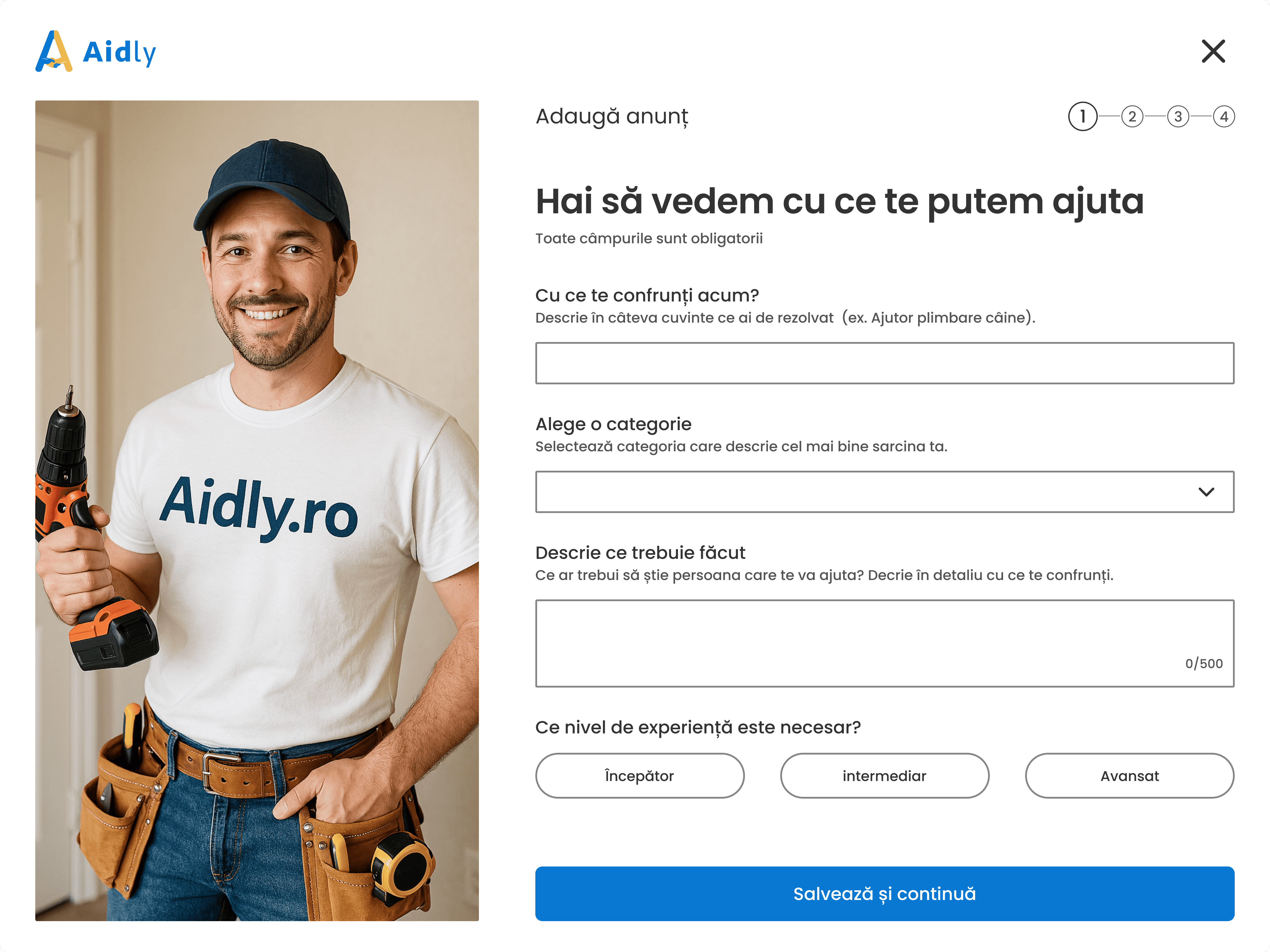 Screenshot of a task posting form on Aidly; on the left, a man wearing an Aidly T-shirt and tool belt; on the right, the form with focus on the task description field.