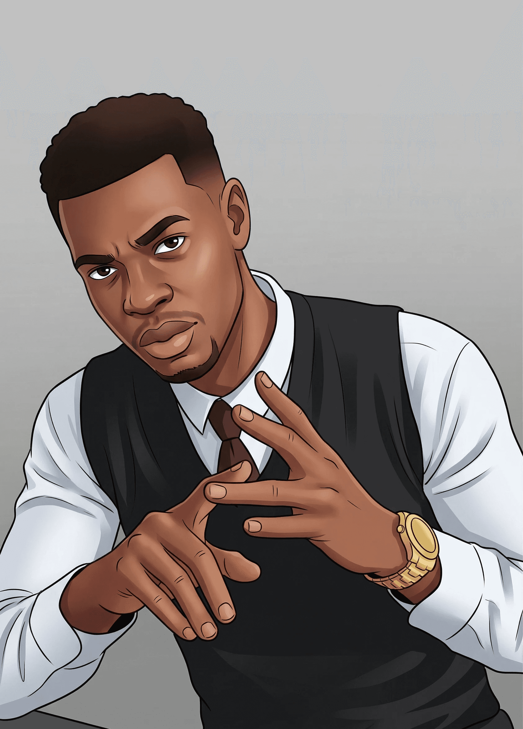 Illustrated headshot of Kaz Okonkwo wearing a dark vest over white shirt with burgundy tie, pointing with both hands toward the camera.