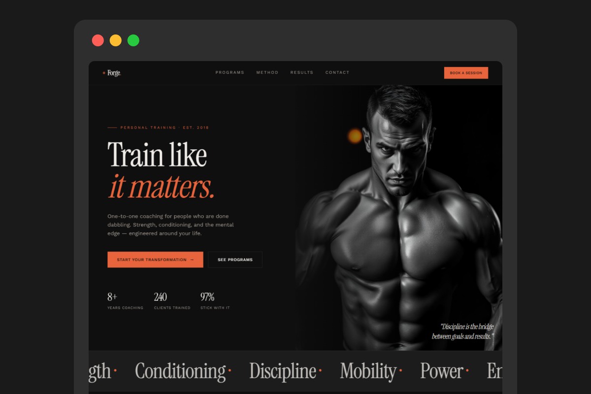 AI-generated personal trainer website with vague prompt — generic dark fitness layout with no specific audience