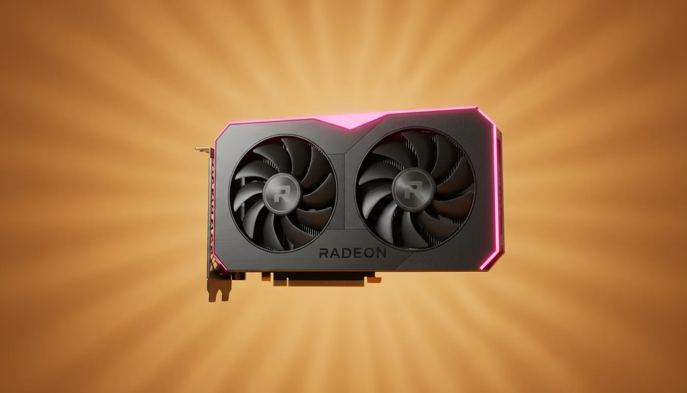 3D render of a modern AMD Radeon GPU, product shot style, floating from a dynamic angled perspective. The dual-fan graphics card features a matte black plastic and metal casing. The scene is illuminated with soft global illumination and a prominent, glowing magenta-pink rim light along the top edge of the card. The card is set against a vibrant orange-yellow gradient studio backdrop. Crisp, sharp focus, Blender style.