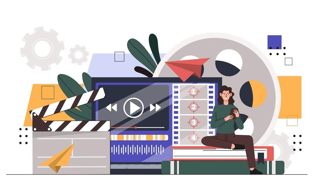 Illustration of a content creator sitting beside a video player, film reel, clapperboard, and numbered shot list, representing video content production and editing.