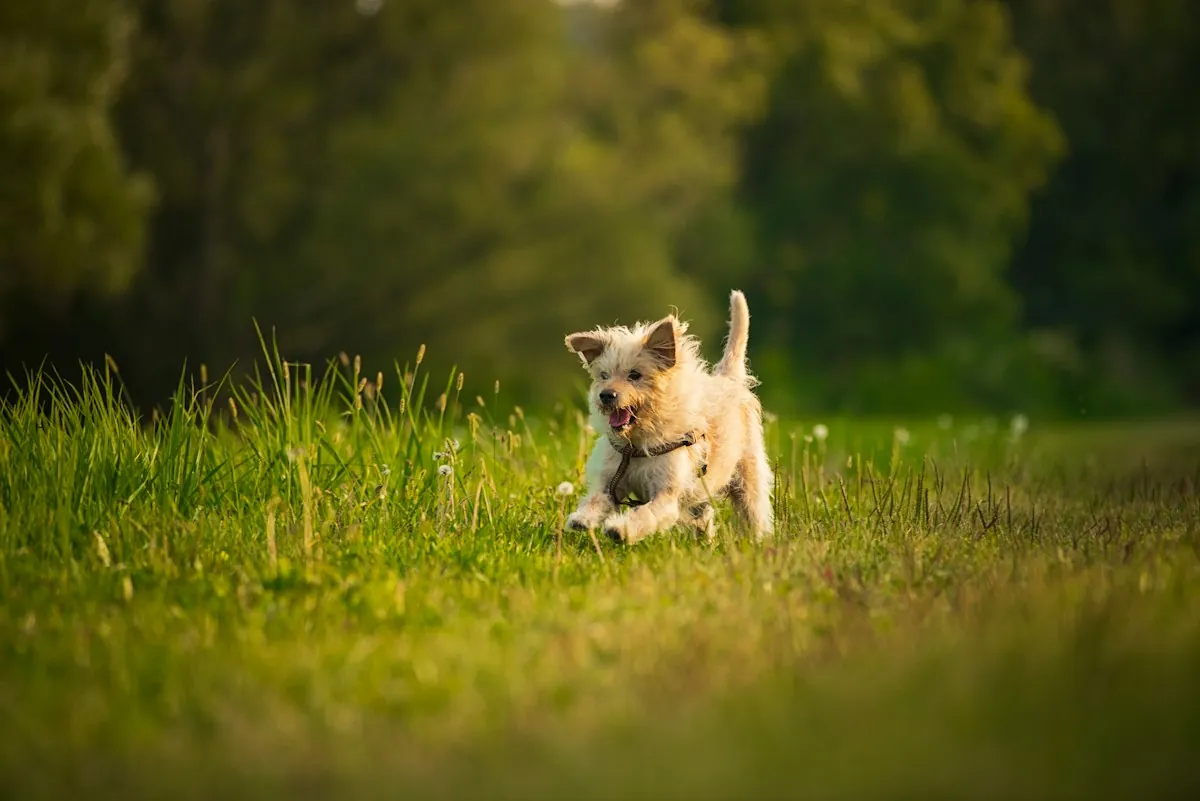 Un petit chien court dans un pré