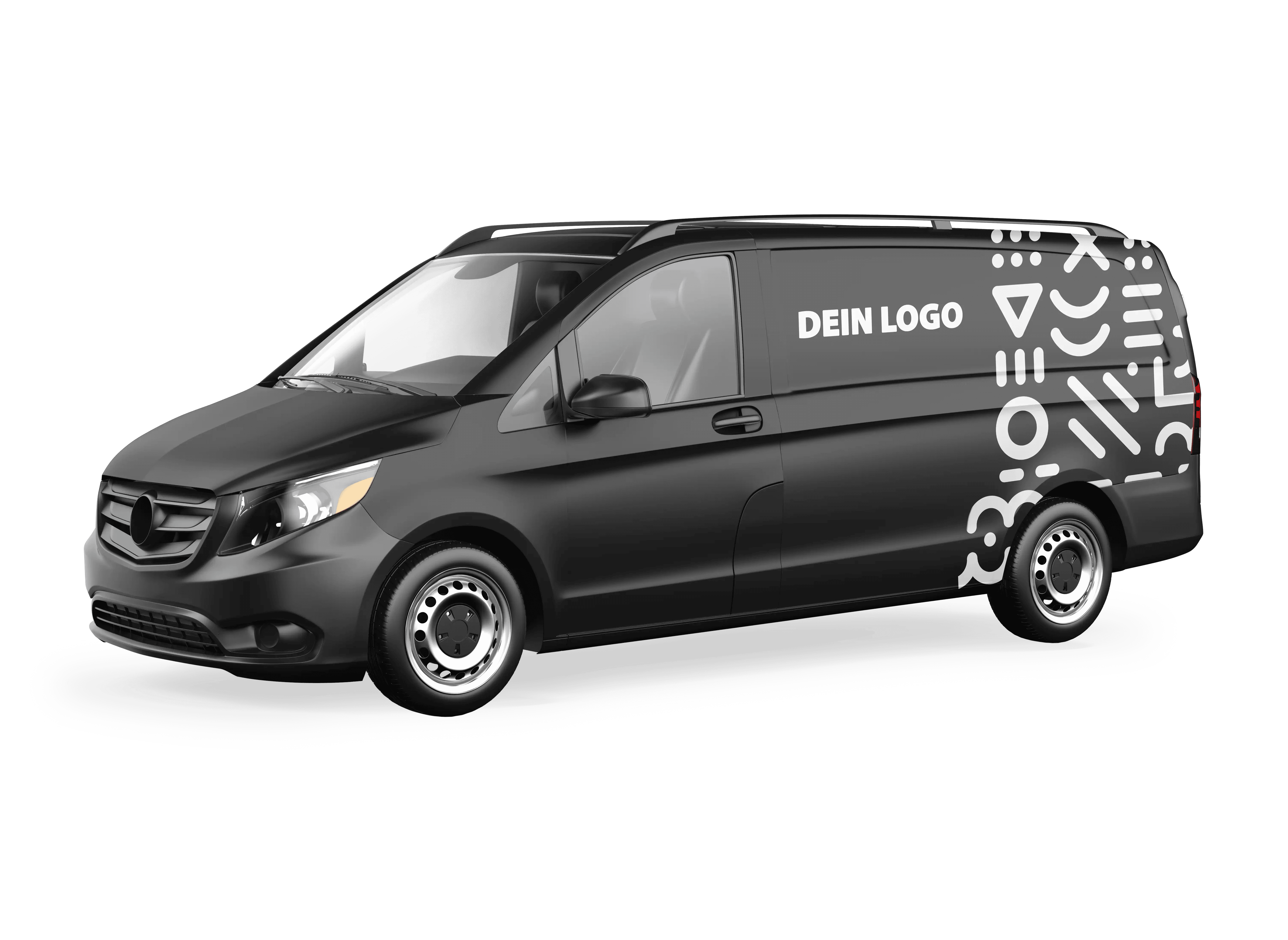 Professionelle Werbebeschriftung auf einem schwarzen Kleintransporter für maximale Sichtbarkeit im Straßenverkehr.