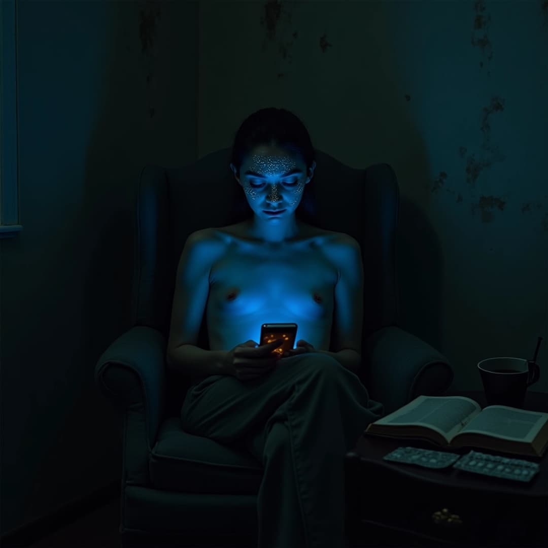 Eine frau liegt im bett und ist am handy, der handdisplay beleuchtet ihren körper bläulich
