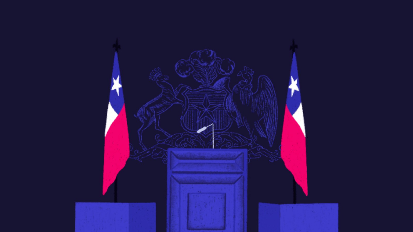 Ilustración del expresidente Gabriel Boric mostrando el lado izquierdo de su cara con la bandera chilena al frente y el Palacio de La Moneda en el fondo de la escena en la noticia con los resultados del reporte de Seguimiento Gubernamental.