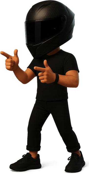 Cartoon biker poiting with two hands.