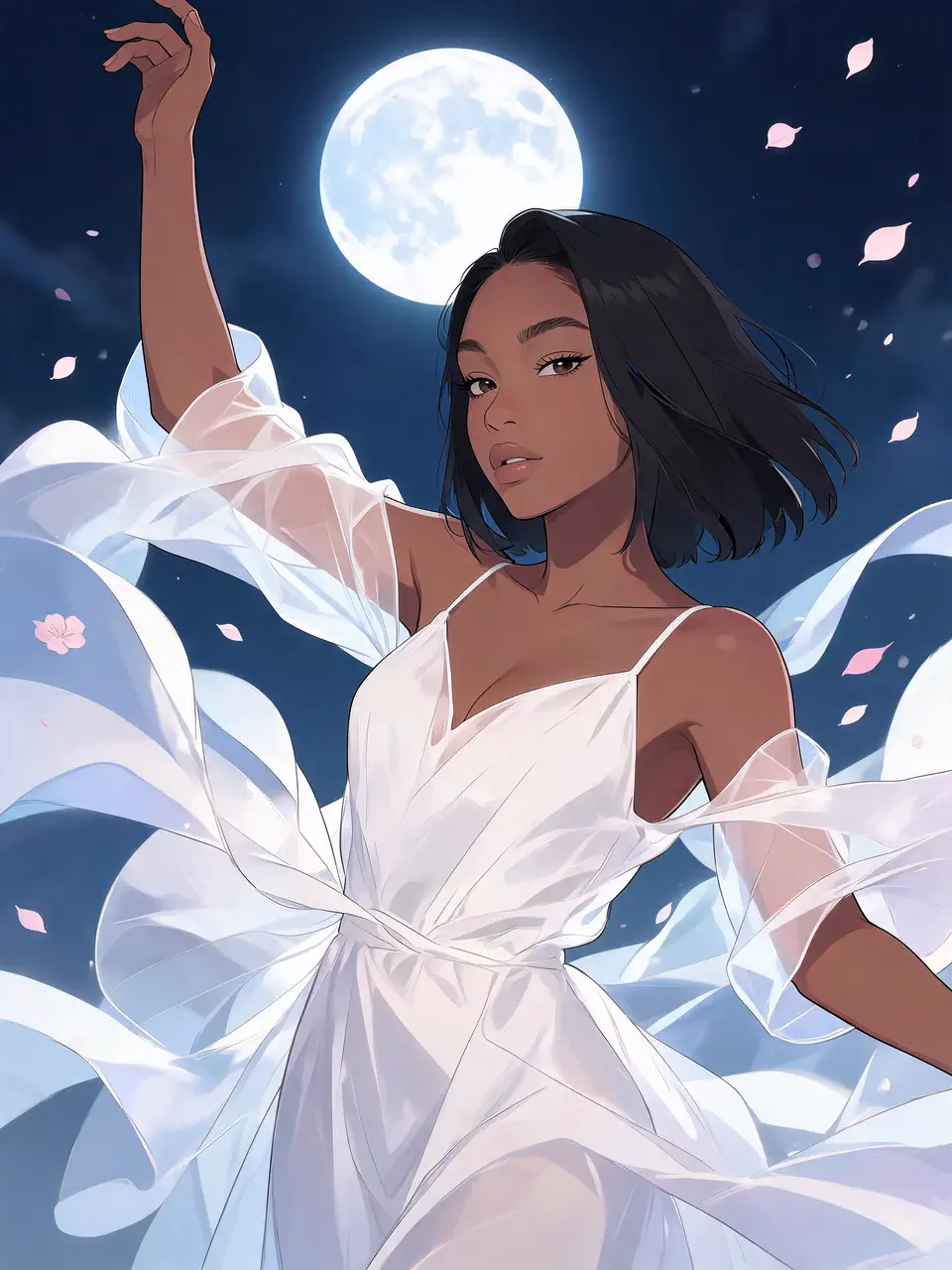 Fille magique en robe blanche sous le clair de lune