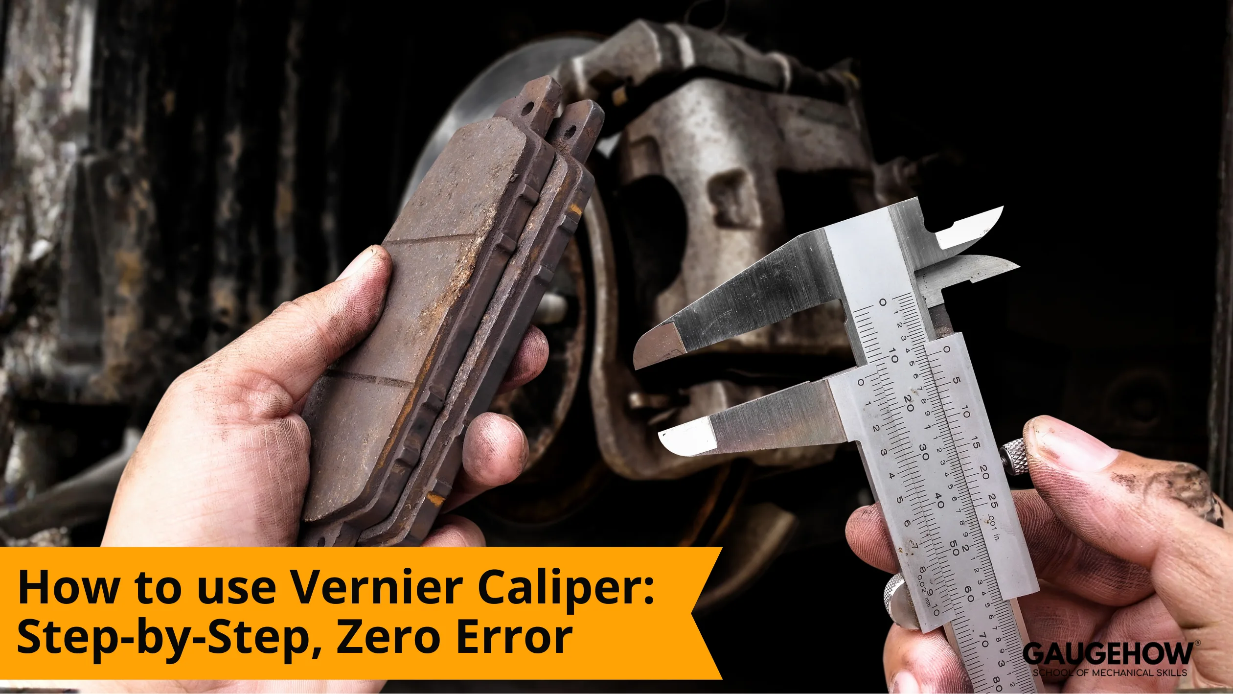 Vernier caliper measuring a brake pad