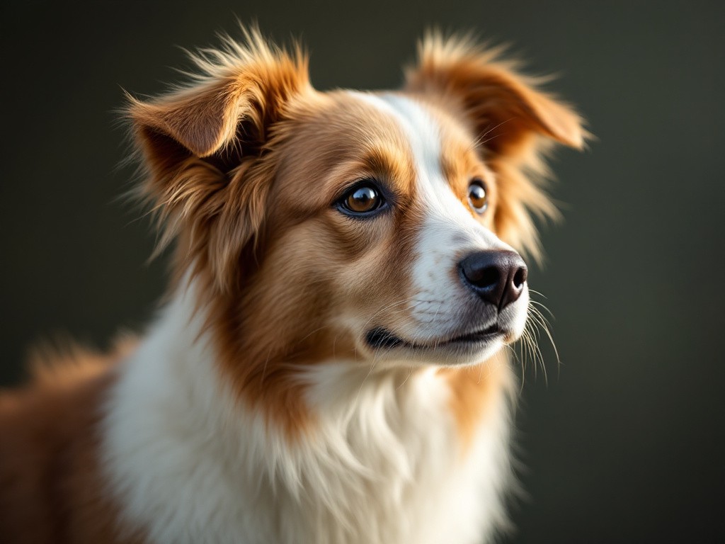 A close-up of a brown and white dog looking to the right.