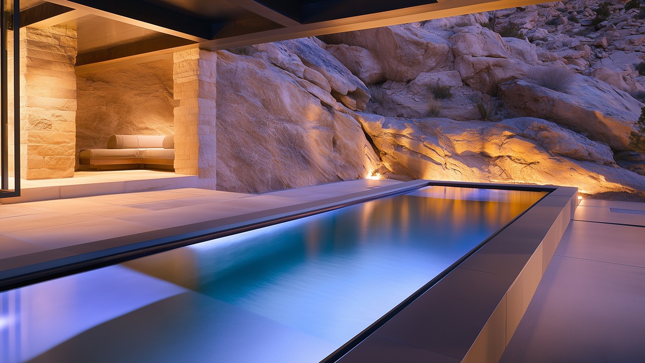 Luxury desert retreat with an infinity pool carved into natural rock formations, illuminated by warm evening lighting.