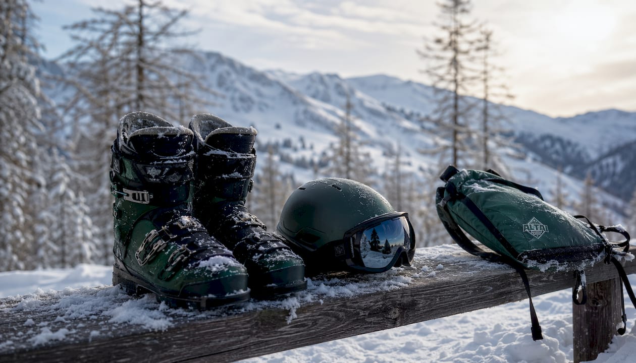 Ski boots and helmet placed on a wooden bench outdoors