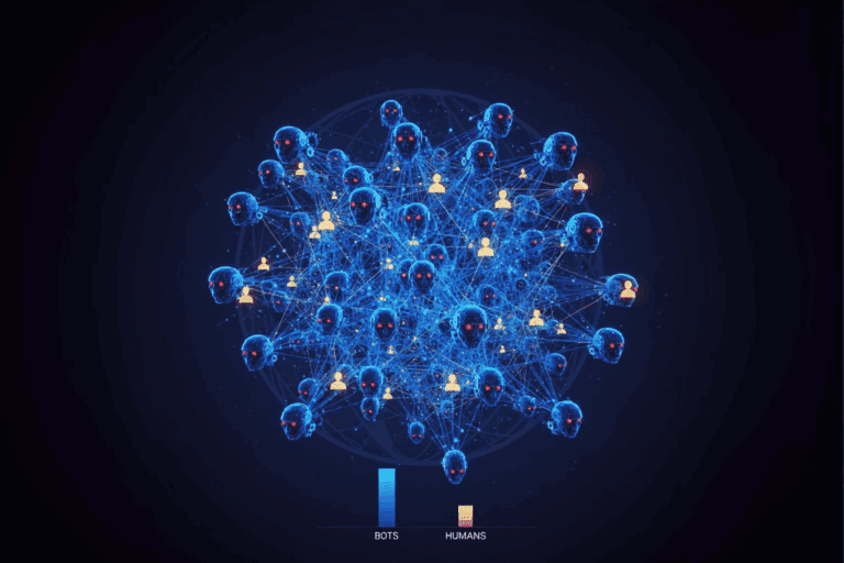 Illustration of a connected network where glowing blue robot heads vastly outnumber the small yellow human icons, symbolizing an internet dominated by bots.