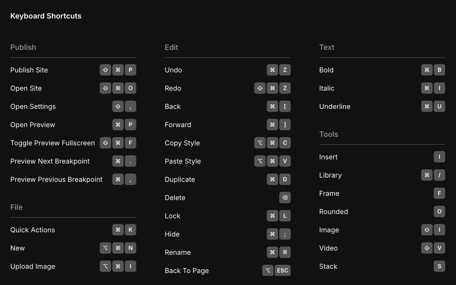 A black background featuring the Framer keyboard shortcuts popup, highlighting the keyboard settings available.