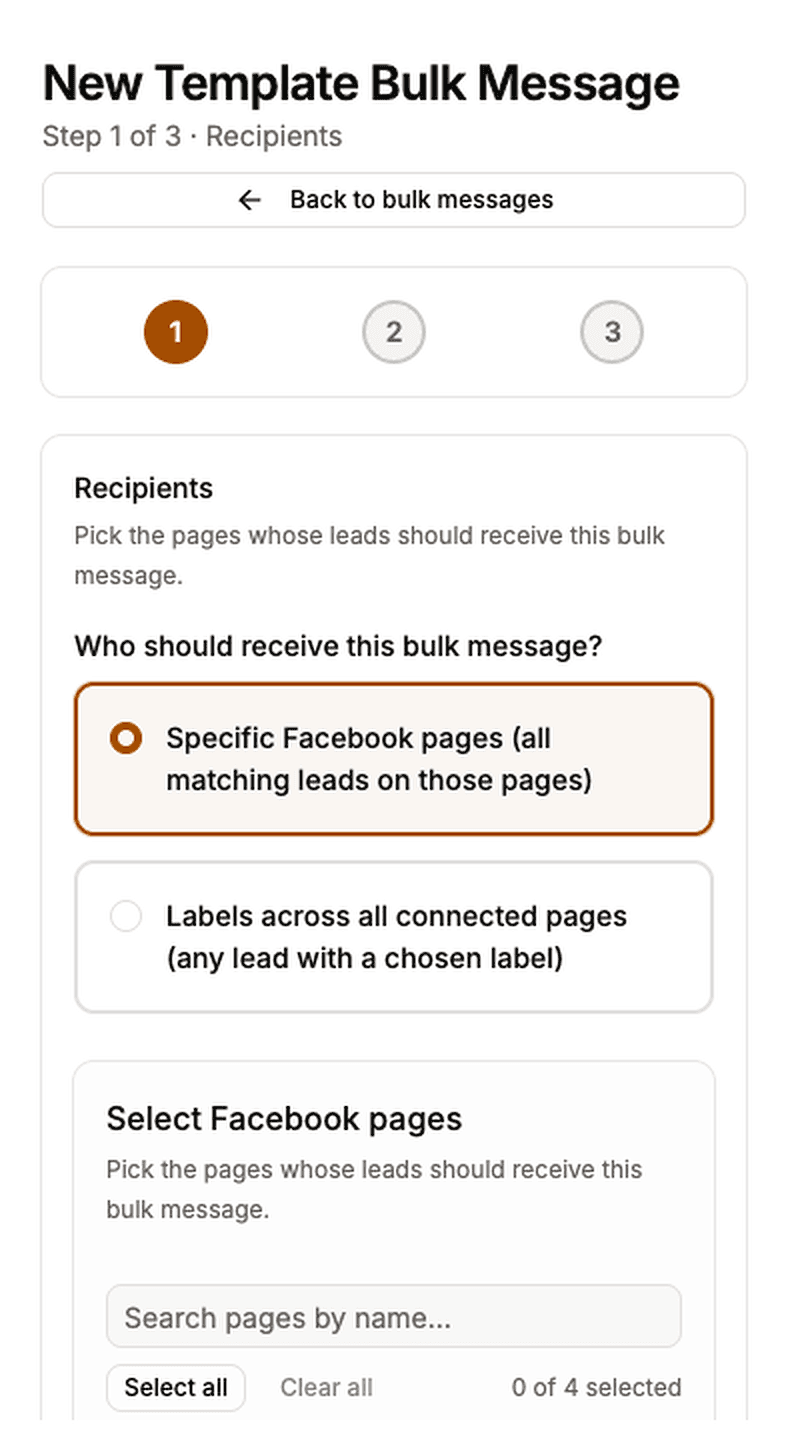 First step of the New Template Bulk Message wizard, showing page selection with lead counts per page.