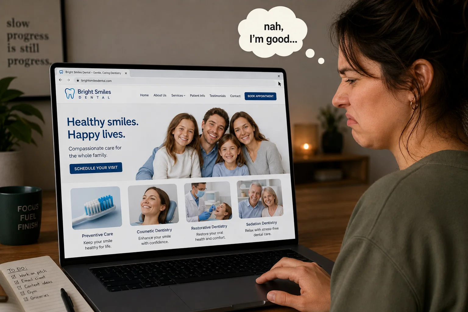 A woman at a laptop looking skeptically at a dental website filled with generic stock photos of a perfect smiling family, with a thought bubble reading "nah, I'm good," as she decides to leave.