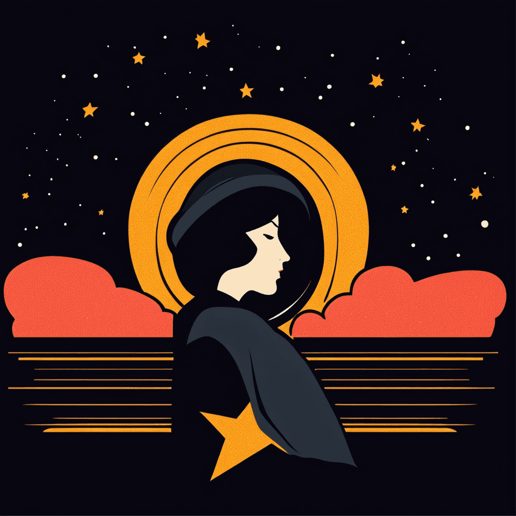 An AI-illustration of a woman seen from the side profile, with closed eyes. There is an orange moon behind her, giving the appearance of a halo. The black sky has orange and yellow stars and clouds.