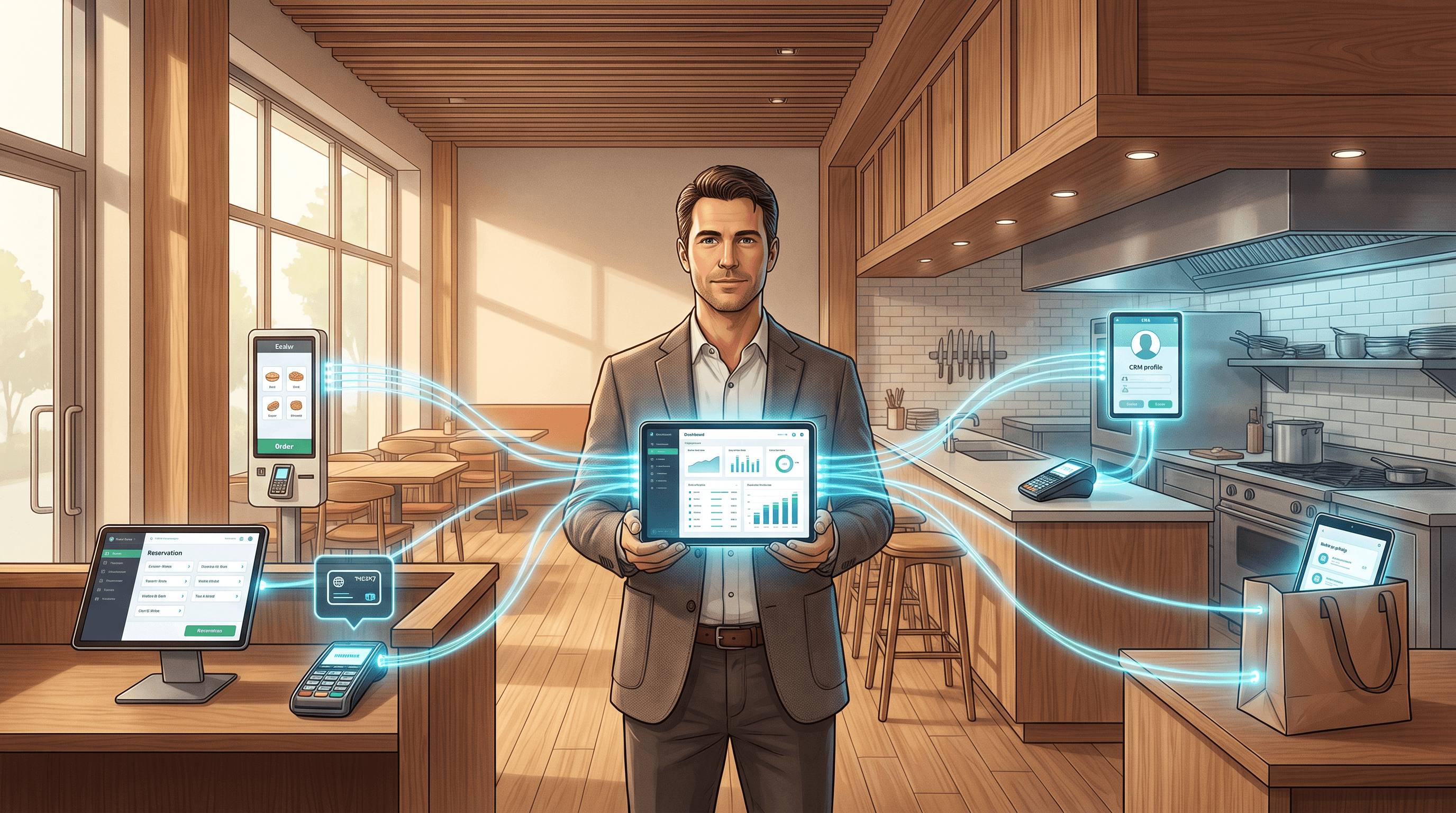 Illustration of a restaurant manager holding a tablet showing a connected dashboard, with data flowing to a self-order kiosk, reservation screen, card reader, CRM profile, and delivery bag